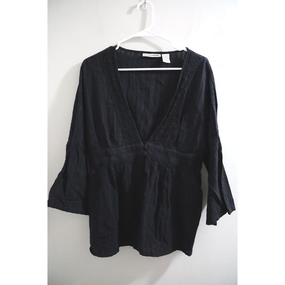 Envision Studio Black Cotton Gauze Boho Blouse‎ Crochet Lace V-Neck Top Large